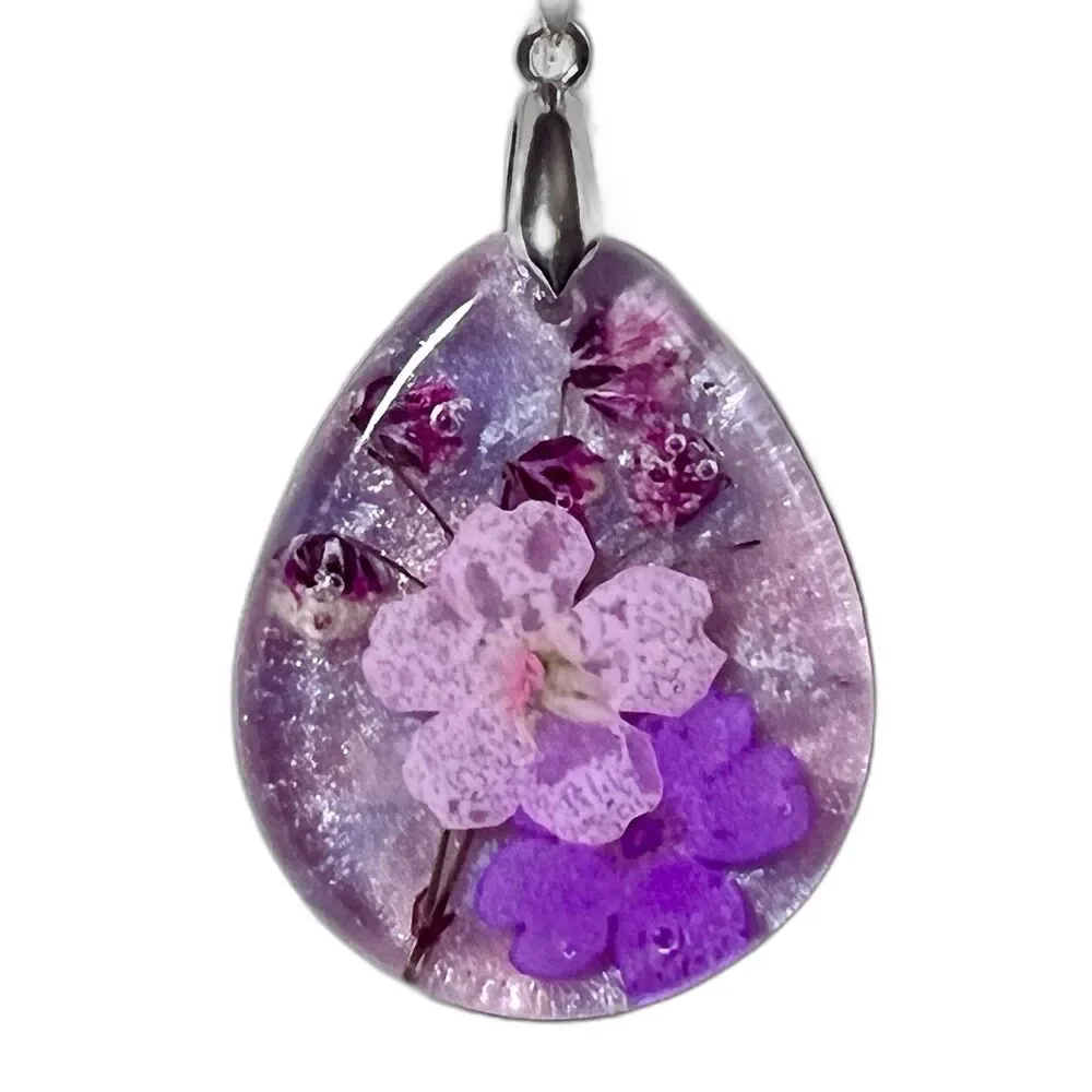 Colorful Pressed Flower Lavender Teardrop Pendant Necklace Resin 18